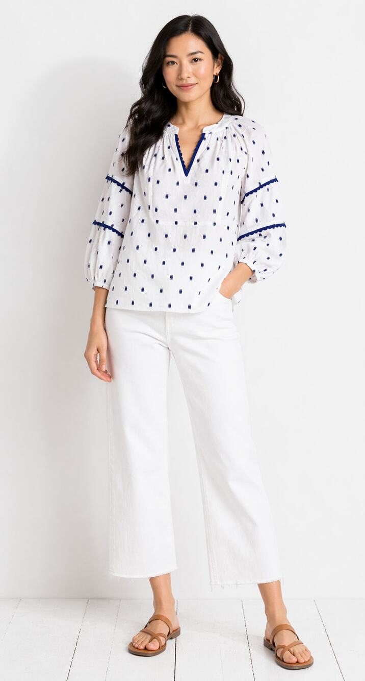 Tyler Boe Womens Molly Blouse 3/4 Sleeve Split Neck Cotton Size Small White NWT